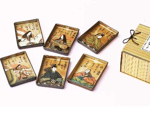 Ogura Hyakunin Isshu 6-Piece Small Plate Set - 12cm Japanese Pottery Ware for Tea Ceremony, Sushi Serving & Home Decor