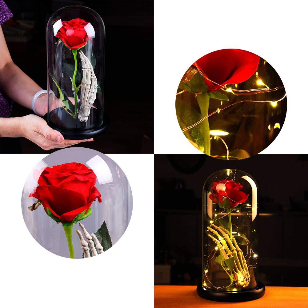Glass Dome Rose Light with Skeleton Hand - Romantic Silk Rose in Glass Display, LED Decorative Gift for Valentine's Day, Wedding, Anniversary, Mother's Day, Birthday & Party Decor | Perfect for Home Decor, Bedroom Night Light, Wedding Centerpiece & Gift Giving