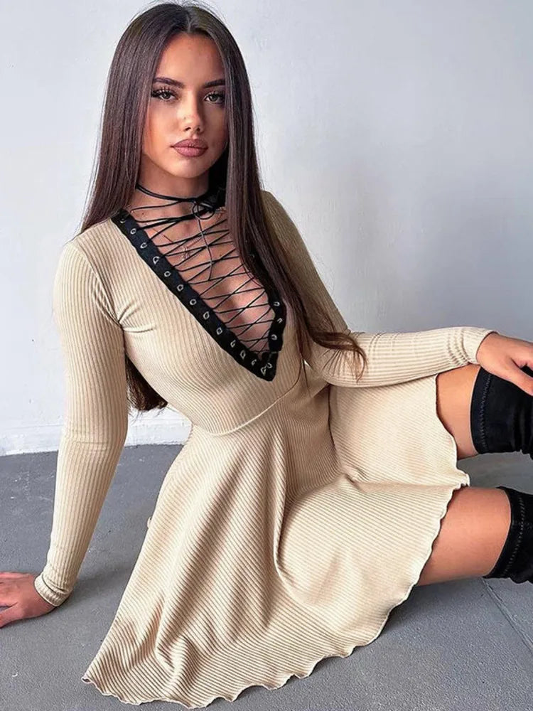 Sexy Deep V Neck Long Sleeve Lace Up Waist Wrap Dress for Women - Elegant Hollow Out Evening Party Dress for Fall Winter - Perfect for Cocktail Parties, Date Nights & Formal Occasions