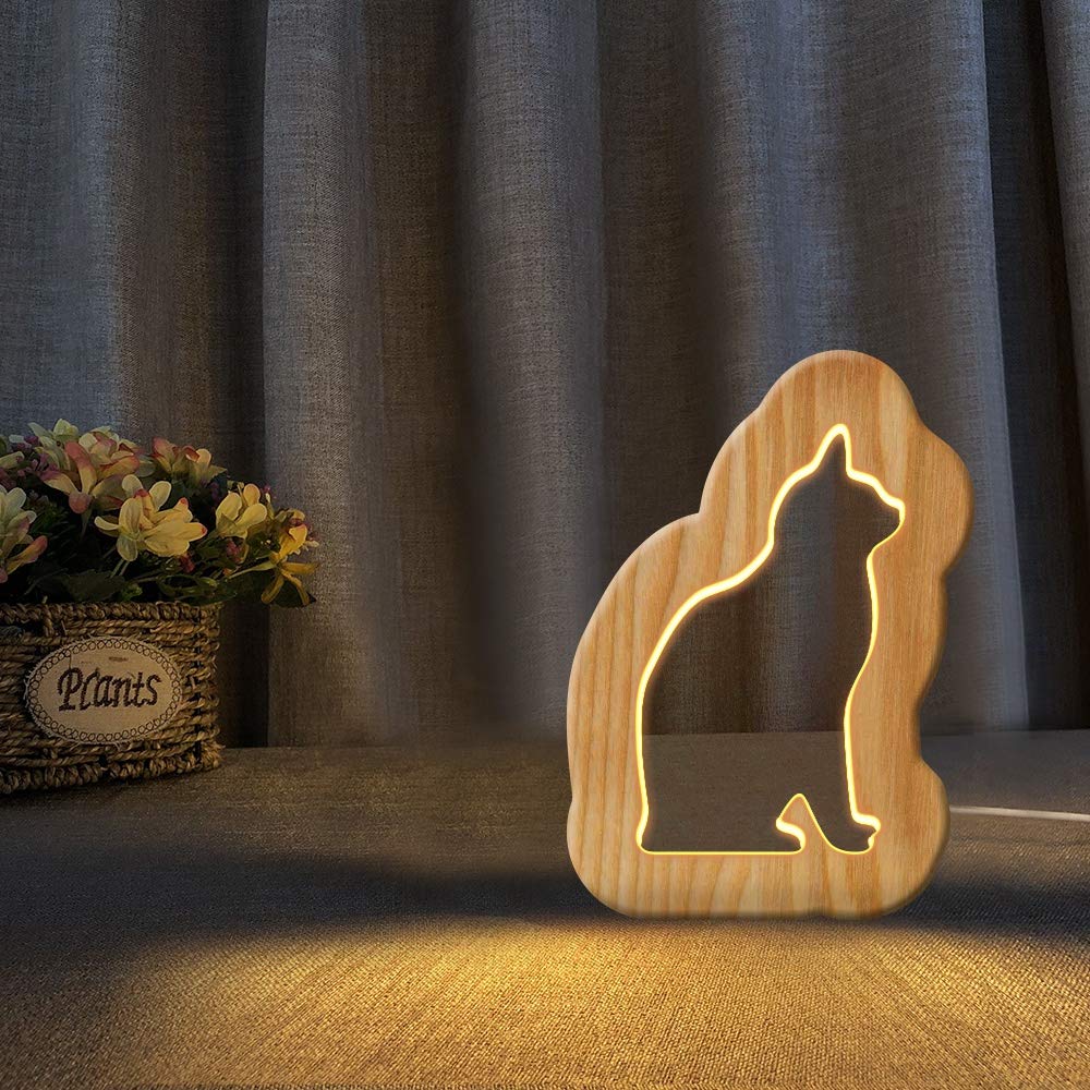 BST Cat Shape 3D Wooden LED Night Light - Modern Home Decor, Bedroom Lamp, Creative Table Light for Living Room, Nursery & Gifts - Perfect for Cozy Nights & Relaxing Ambiance