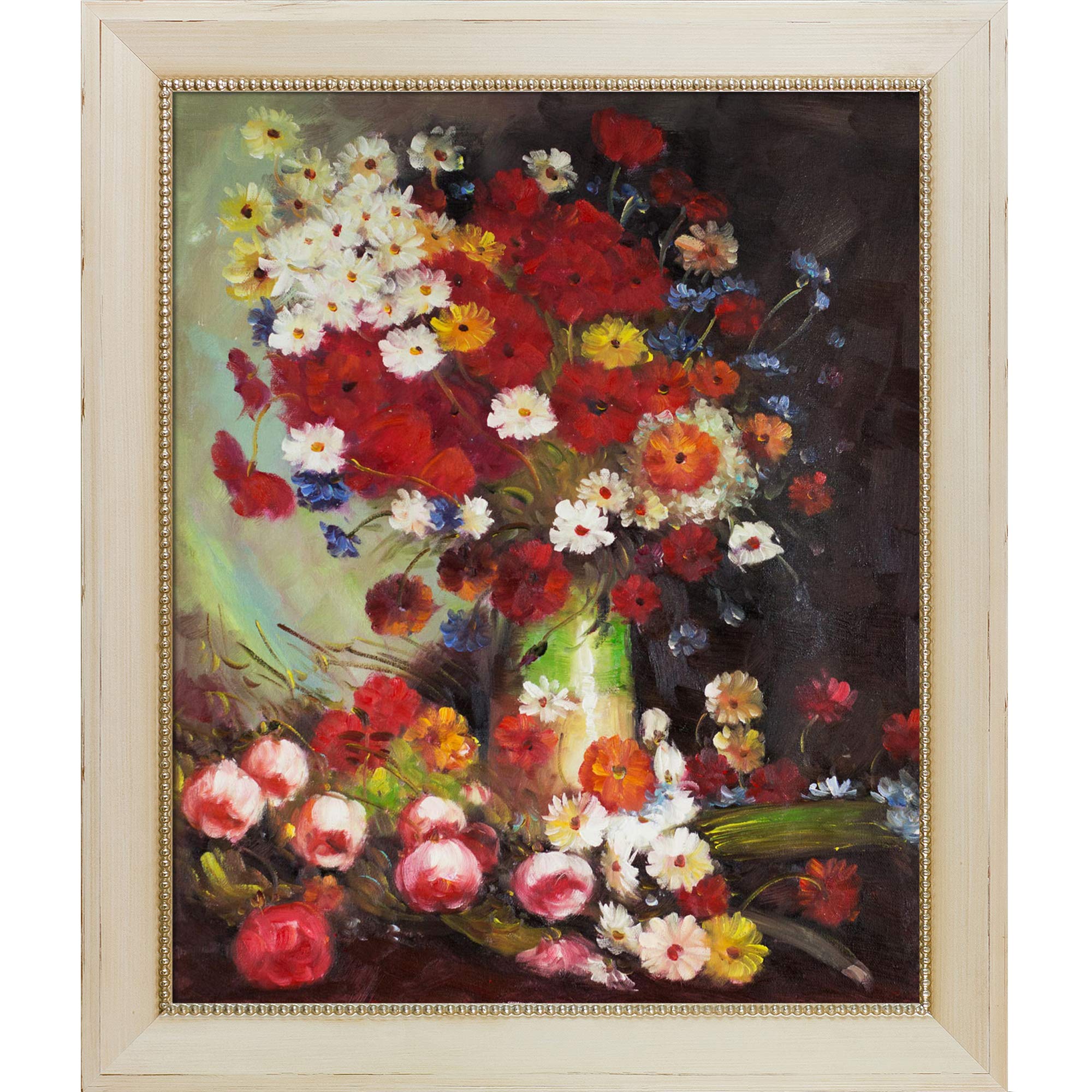 Hand Painted Oil Reproduction Vase with Poppies, Cornflowers, Peonies & Chrysanthemums - Constantine Framed Floral Art - 28.5x24.5 Inch Wall Decor for Living Room, Bedroom & Office