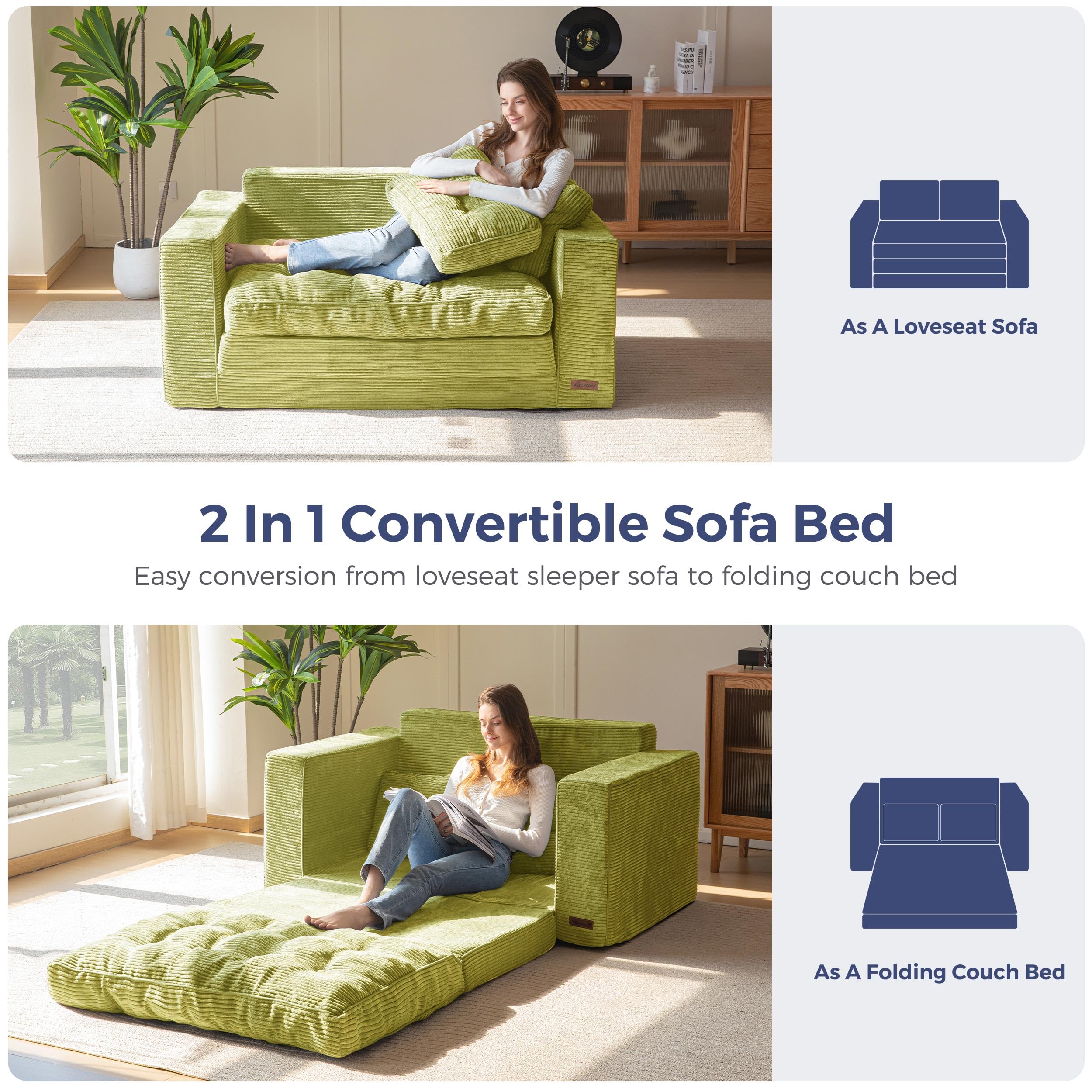 MAXYOYO 2-in-1 Convertible Sofa Bed - Foldable Couch Bed for Living Room & Guest Room, Green | Space-Saving Sleeper Sofa for Small Apartments & Home Office