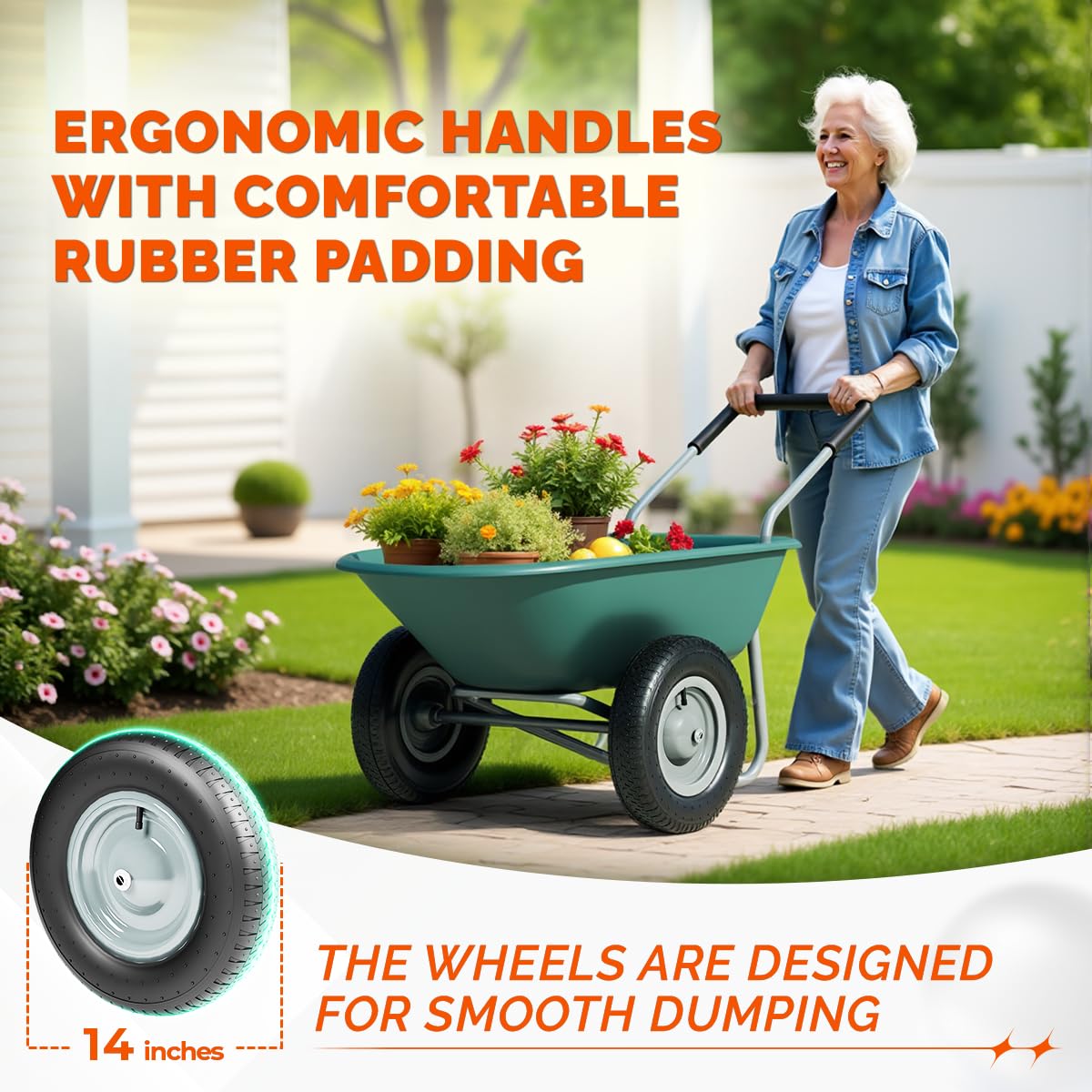 Upgraded 2-Wheel Wheelbarrow & Yard Cart with Padded Handlebar - 14