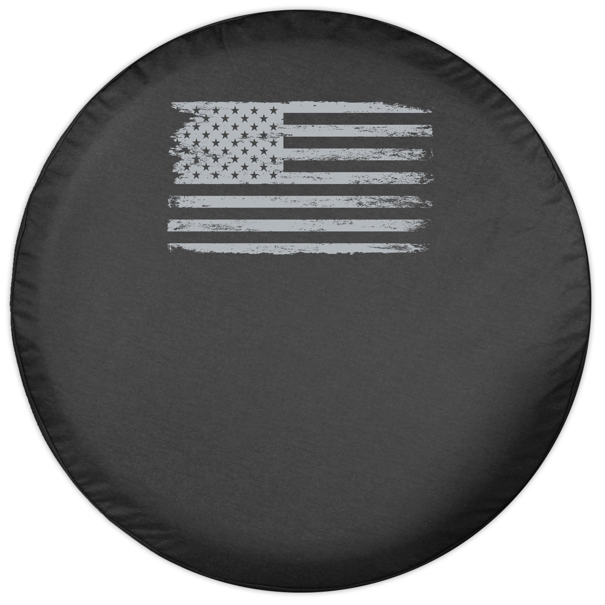 30 Inch Distressed American Flag Spare Tire Cover - Black Denim Vinyl with Silver Print - Made in USA - Perfect for Jeep, Truck & SUV Accessories
