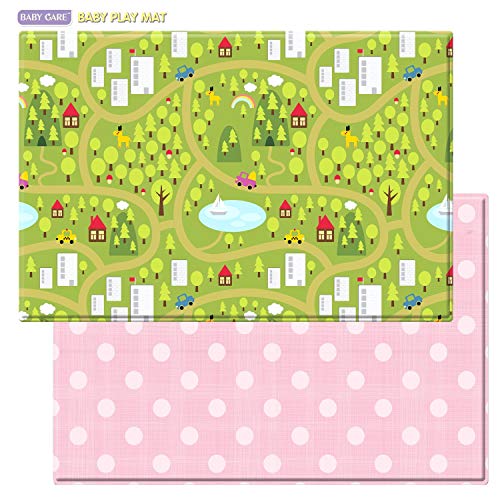 **Non-Toxic Baby Play Mat - Large Waterproof & Reversible Infant Floor Mat for Crawling & Tummy Time - Soft Cushioned Playmat for Nursery, Daycare & Home - Country Town Pink Design**    *(Perfect for playrooms, baby gyms, and safe crawling on hardwood floors!)*