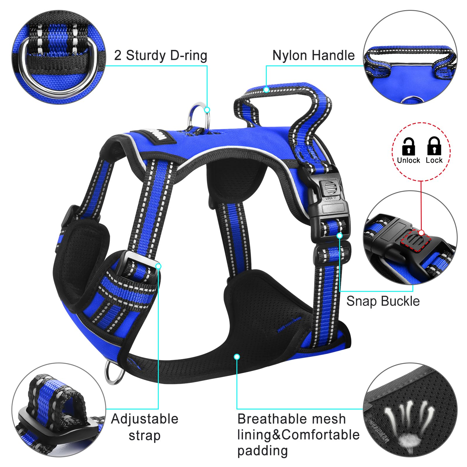 WINSEE No Pull Dog Harness with Adjustable Reflective Oxford Vest - Front & Back Leash Clips for Small, Medium, Large & XL Dogs - Easy Control Handle for Walking, Running & Outdoor Adventures