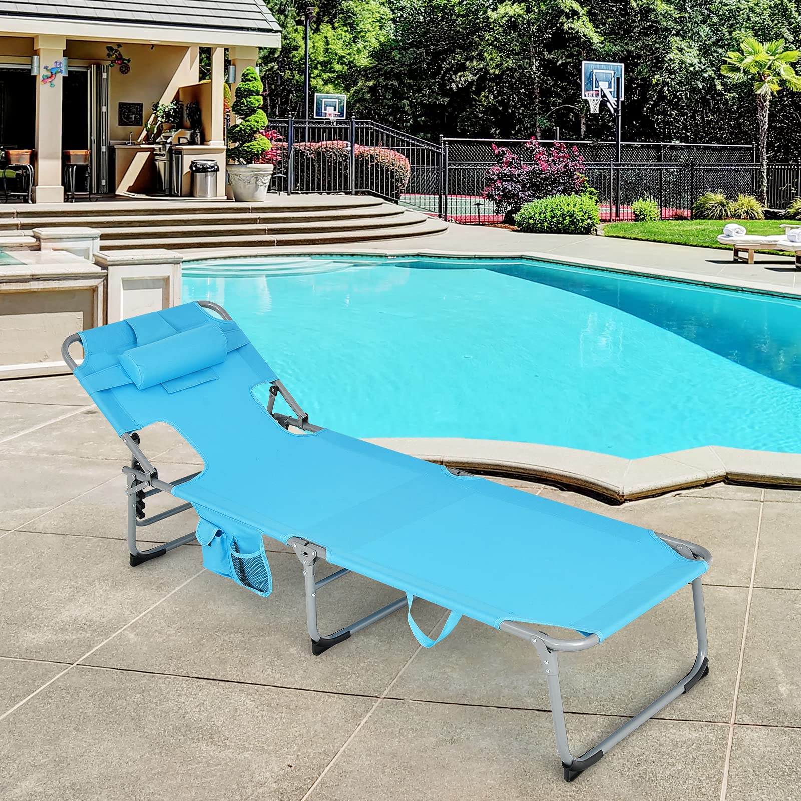 GYMAX Folding Tanning Chair with Adjustable Backrest - Portable Beach Lounger with Face Hole, Arm Holes, Side Pocket & Carry Handle - Outdoor Sunbathing Chair for Patio, Pool, Beach & Backyard Relaxation (Turquoise)