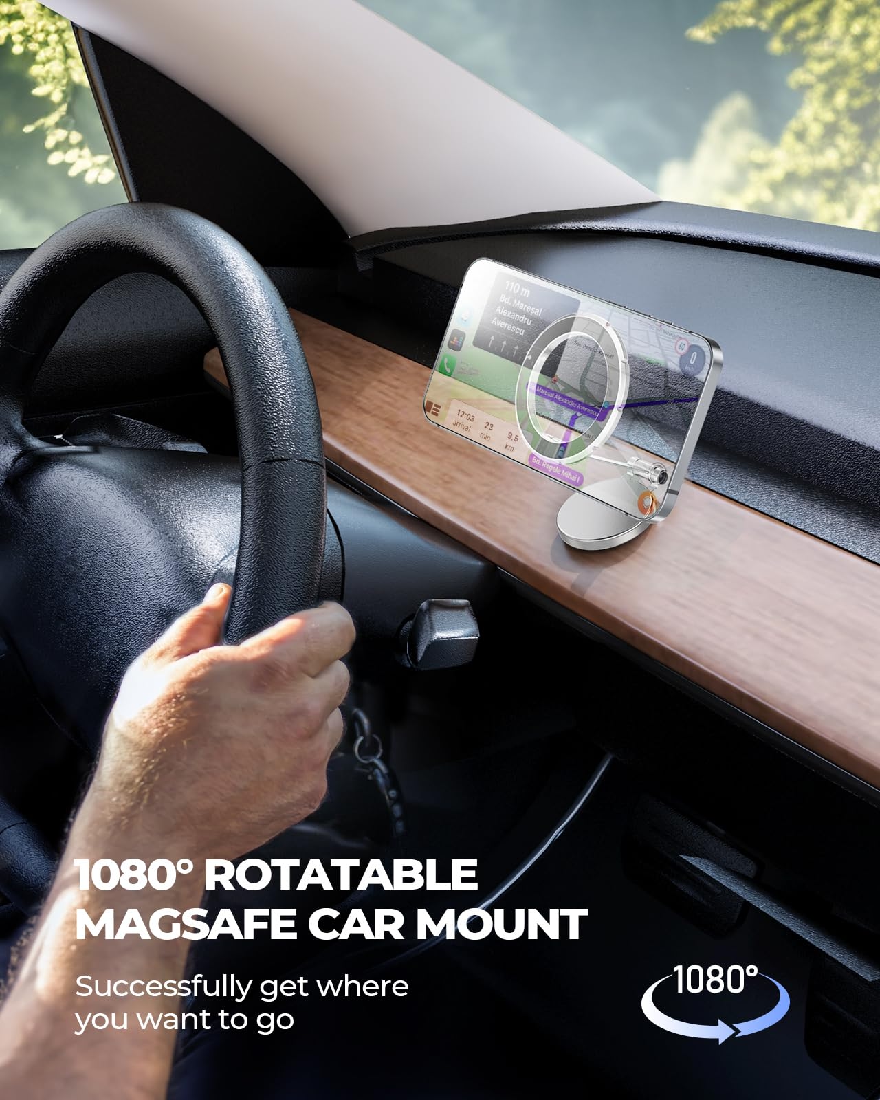 Haceryc Mag-Safe Car Phone Mount Holder for iPhone 15 Pro Max/Plus/Mini, iPhone 14/13/12 Series - Dashboard & Air Vent Compatible, Secure Hands-Free Driving (Silver) | Perfect for Commuting, Road Trips & GPS Navigation