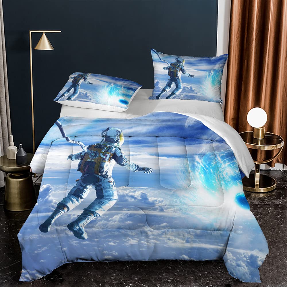 JIUROOW 3-Piece Astronaut Comforter Set - Twin/Full/Queen Space Universe Themed Bedding - Ultra Soft Microfiber Kids & Teens Bedroom Decor with 2 Pillowcases (Twin, Blue) - Perfect for Space-Themed Rooms, Birthday Gifts & Dorm Decor