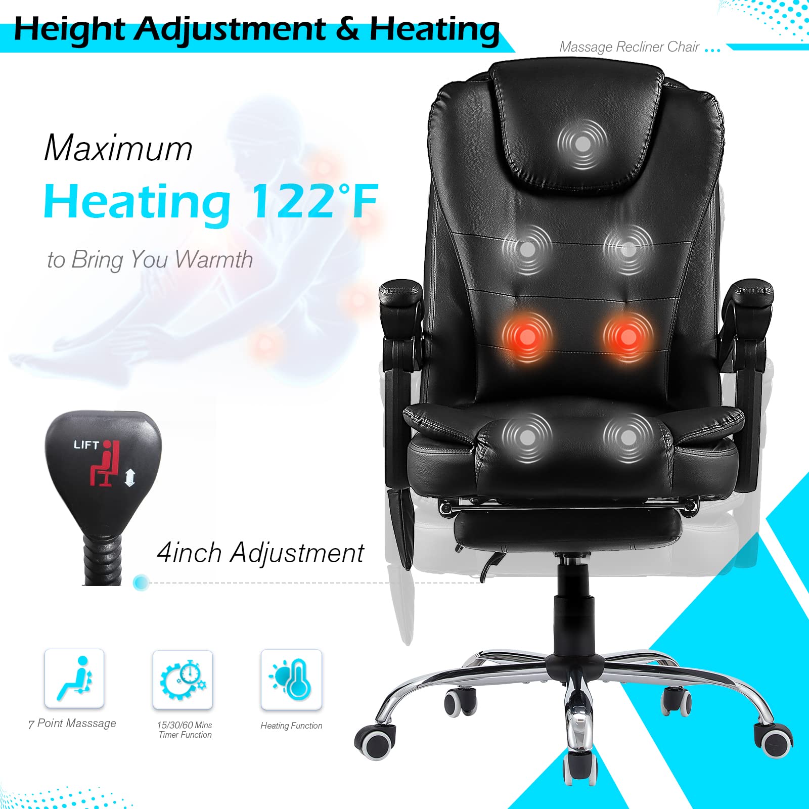 Ergonomic Heated Massage Office Chair - Adjustable Height PU Leather Executive Desk Chair with Lumbar Support - Perfect for Home Office, Gaming & Computer Work (Black)
