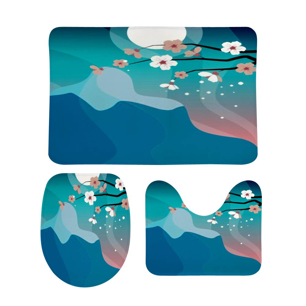Non-Slip 3-Piece Bathroom Rug Set - Soft Coral Fleece Toilet Mat, Contour Lid Cover & Shower Mat with Sakura Branch Design for Bathroom Decor & Safety
