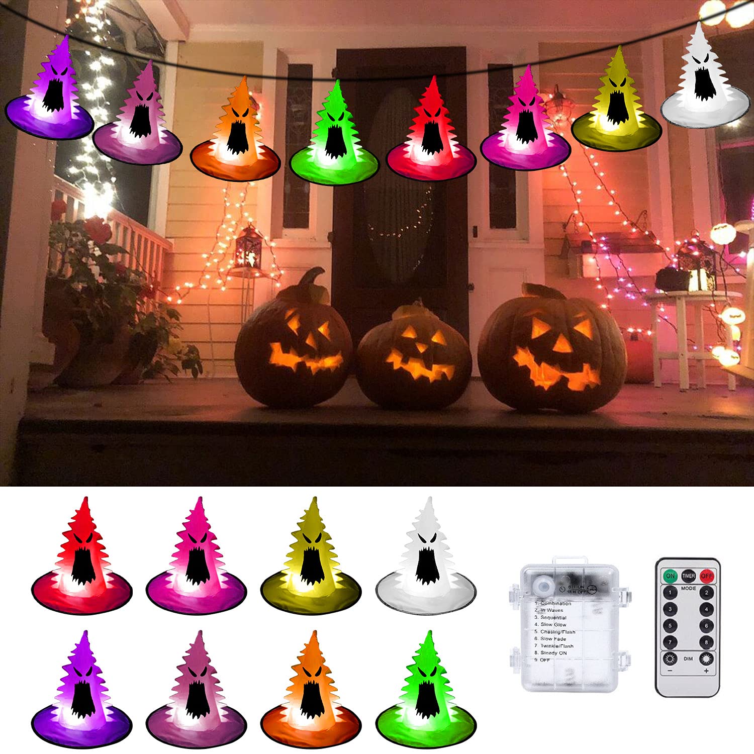 **8 Pack Halloween Witch Hats String Lights - 32.8 Ft 80 LED Waterproof Battery Operated Party Decor with Remote & 8 Lighting Modes for Indoor Outdoor Yard, Garden, Halloween Party, Home Decoration**
