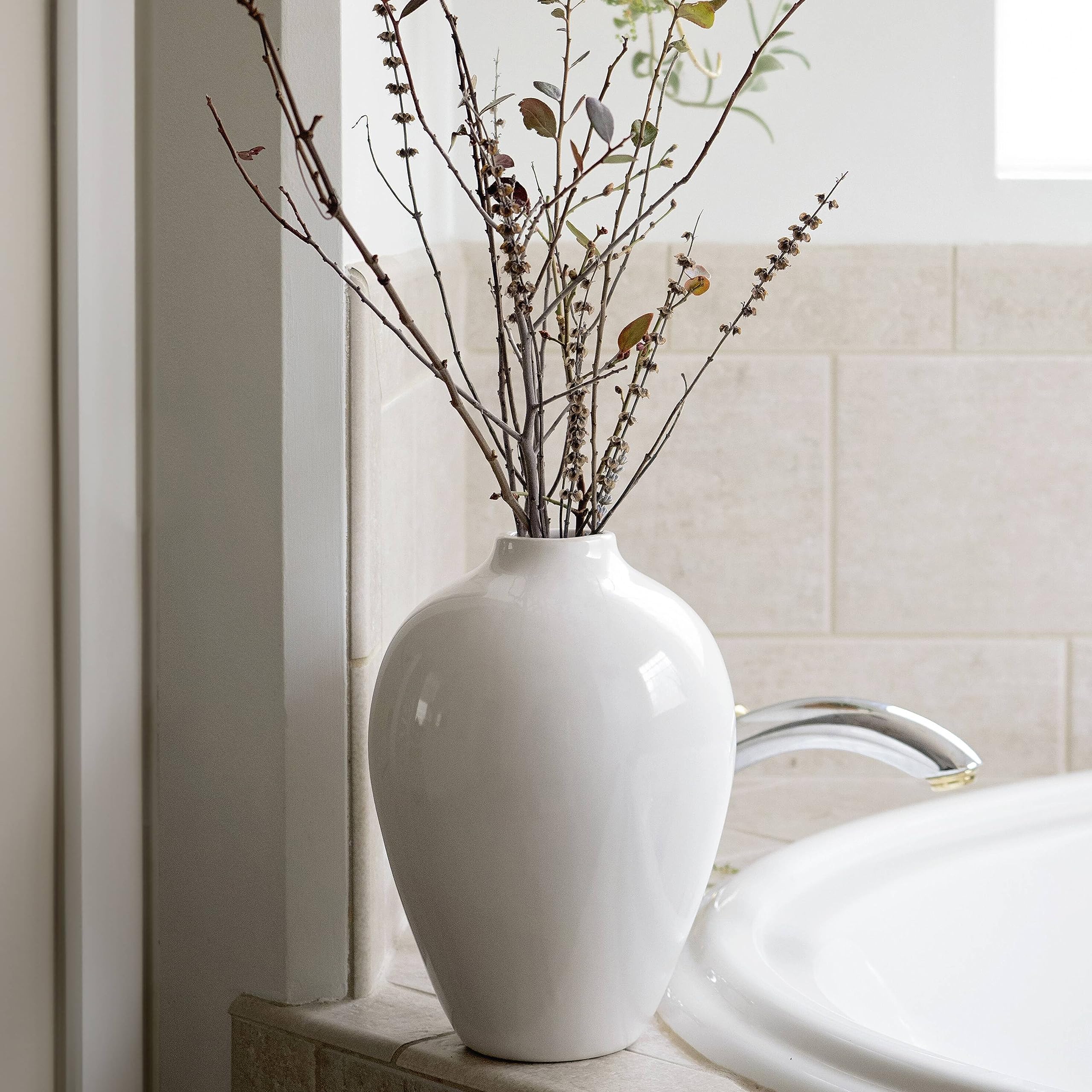 Willowy Porcelain Vase - 10 Inch White Ceramic Vase for Home Decor, Modern Farmhouse Style Large Flower Vase for Pampas Grass, Durable & Leak Proof - Perfect for Living Room, Dining Table, Wedding Centerpiece and Office Decor