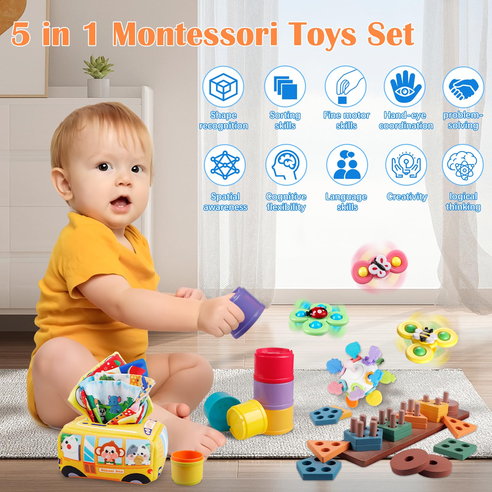 Montessori Baby Toys for 6-12 Months - 5-in-1 Sensory Toy Set with Teether, Stacking Cups, Wooden Sorting Blocks & Suction Toys | Early Learning Developmental Toys for Toddlers 1-3 Years | Perfect for Playtime, Baby Shower & Birthday Gifts
