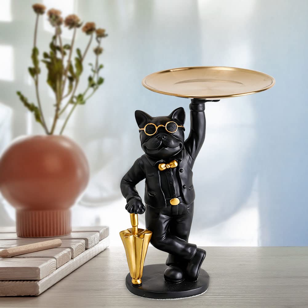 YAYONG Modern Bulldog Sculpture Statue - Nordic Style Resin Dog Figurine with Glass Tray | Multi-Functional Key Holder, Snack Tray & Home Decor Organizer | Perfect for Living Room, Office Desk & Entryway Storage