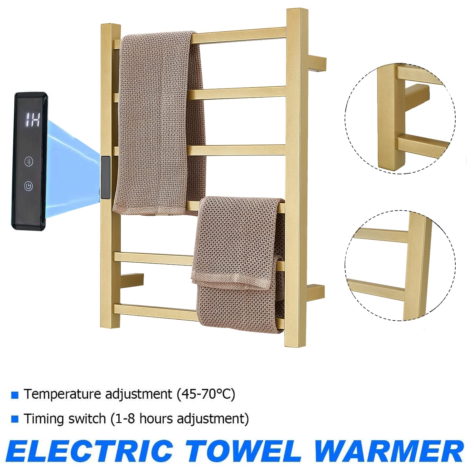 Premium Stainless Steel Electric Heated Towel Warmer - 6-Bar Wall Mounted Towel Rail with Timer | Gold Bathroom Accessory for Spa-Like Luxury | Perfect for Bathrooms, Saunas & Luxury Home Use