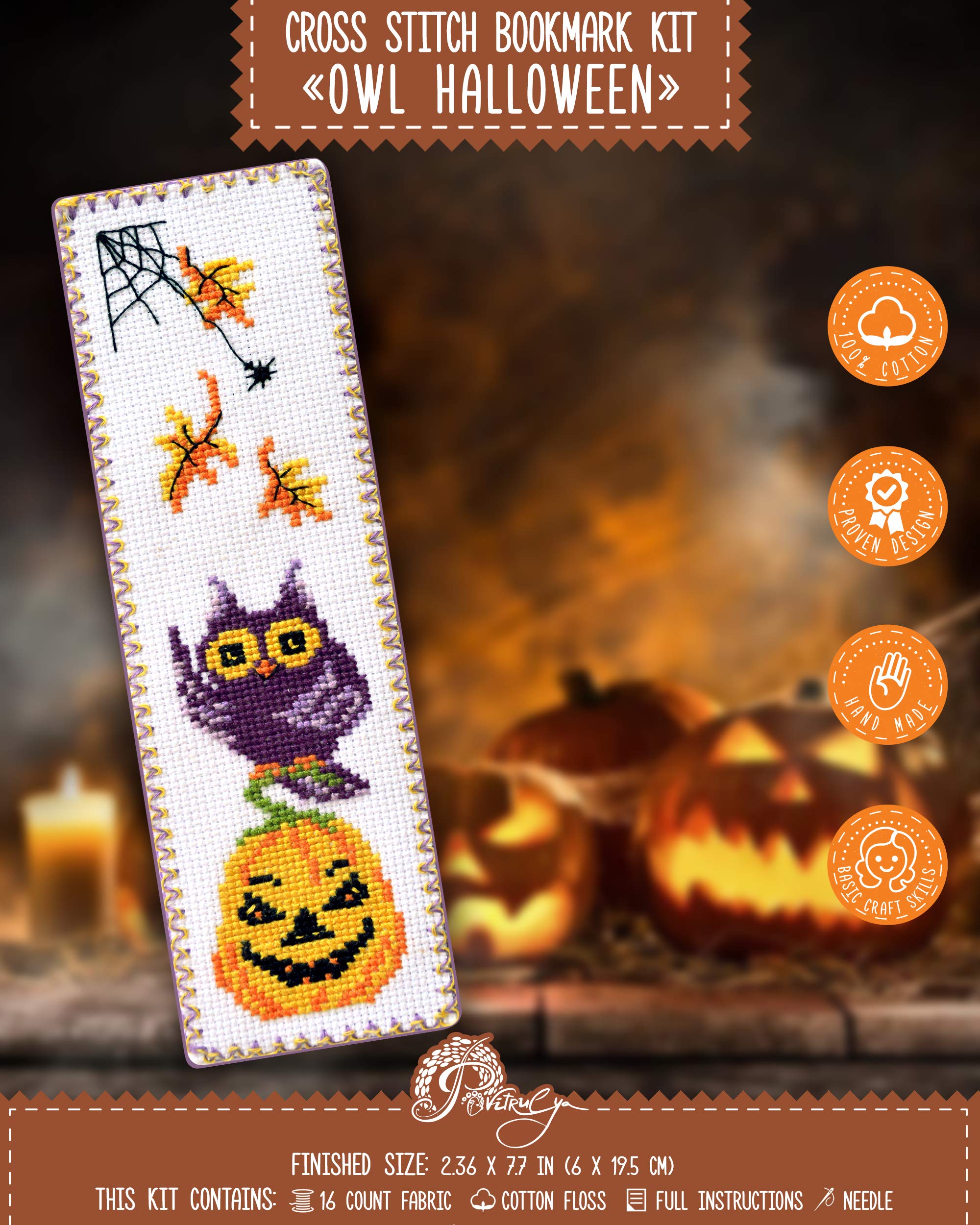 Halloween Owl Cross Stitch Kit - DIY Hand Embroidery Bookmark with Pumpkin Jack-o'-Lantern Design - Perfect for Halloween Decorations, Gifts & Craft Projects