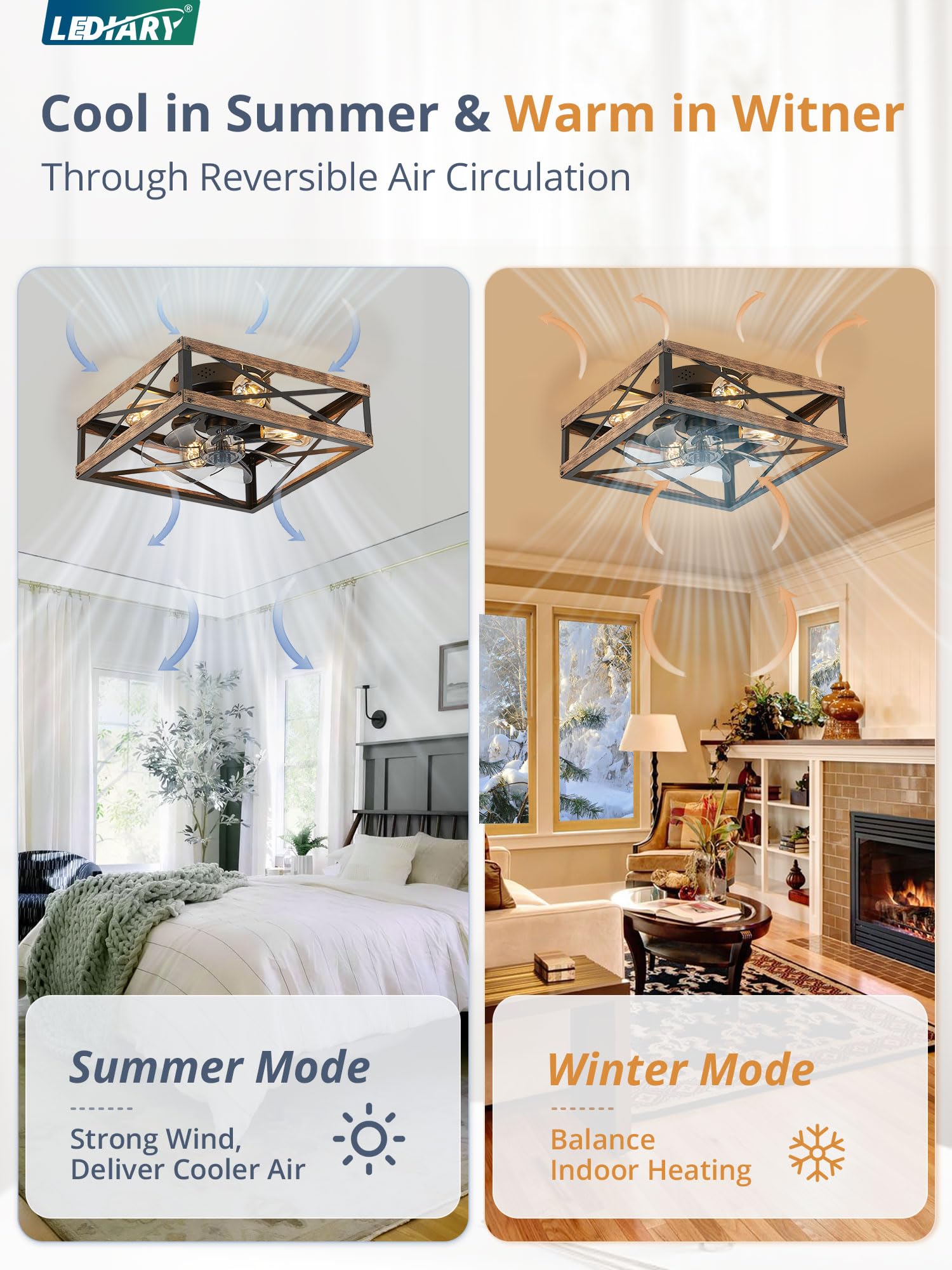 LEDIARY Rustic Square Flush Mount Ceiling Fan with Lights - 6 Speed Reversible Bladeless Design, Remote Control Included - Perfect for Bedroom, Kitchen, Dining Room & Small Farmhouse Spaces | Energy Efficient & Quiet Operation