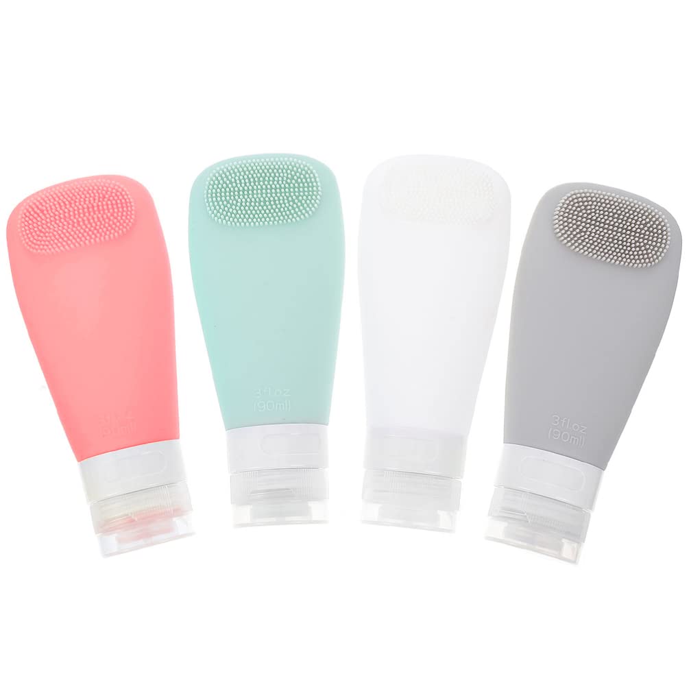 FOMIYES 4-Pack Silicone Travel Bottles with Brush - Leak Proof Refillable Toiletry Containers for Shampoo, Lotion & Cosmetics | Perfect for Air Travel, Gym & Vacation Essentials