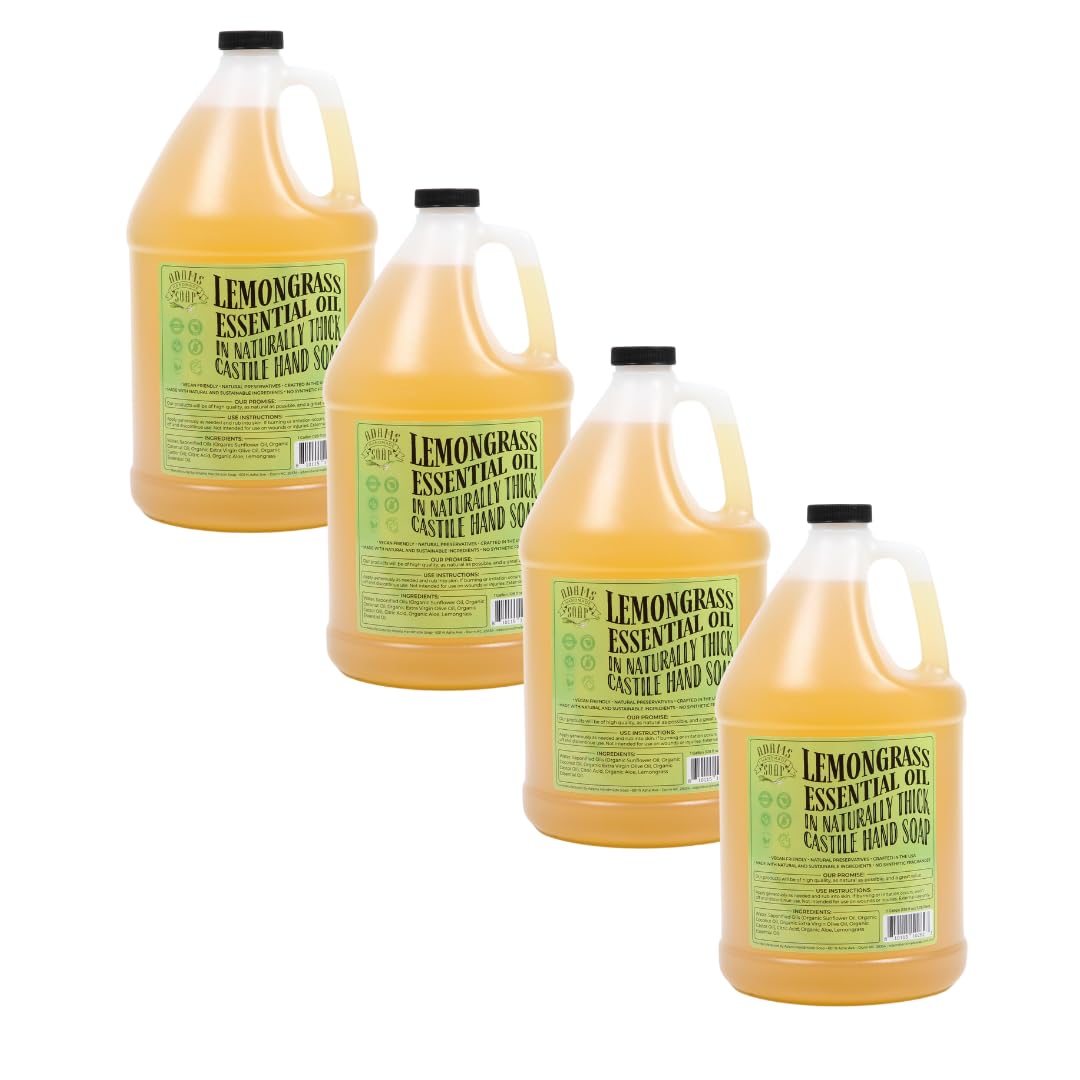 Adams Handmade Liquid Hand Soap 1 Gallon (4 Pack) - Natural Lemongrass Scent for Kitchen, Bathroom & Office - Gentle Moisturizing Formula for Daily Hand Washing