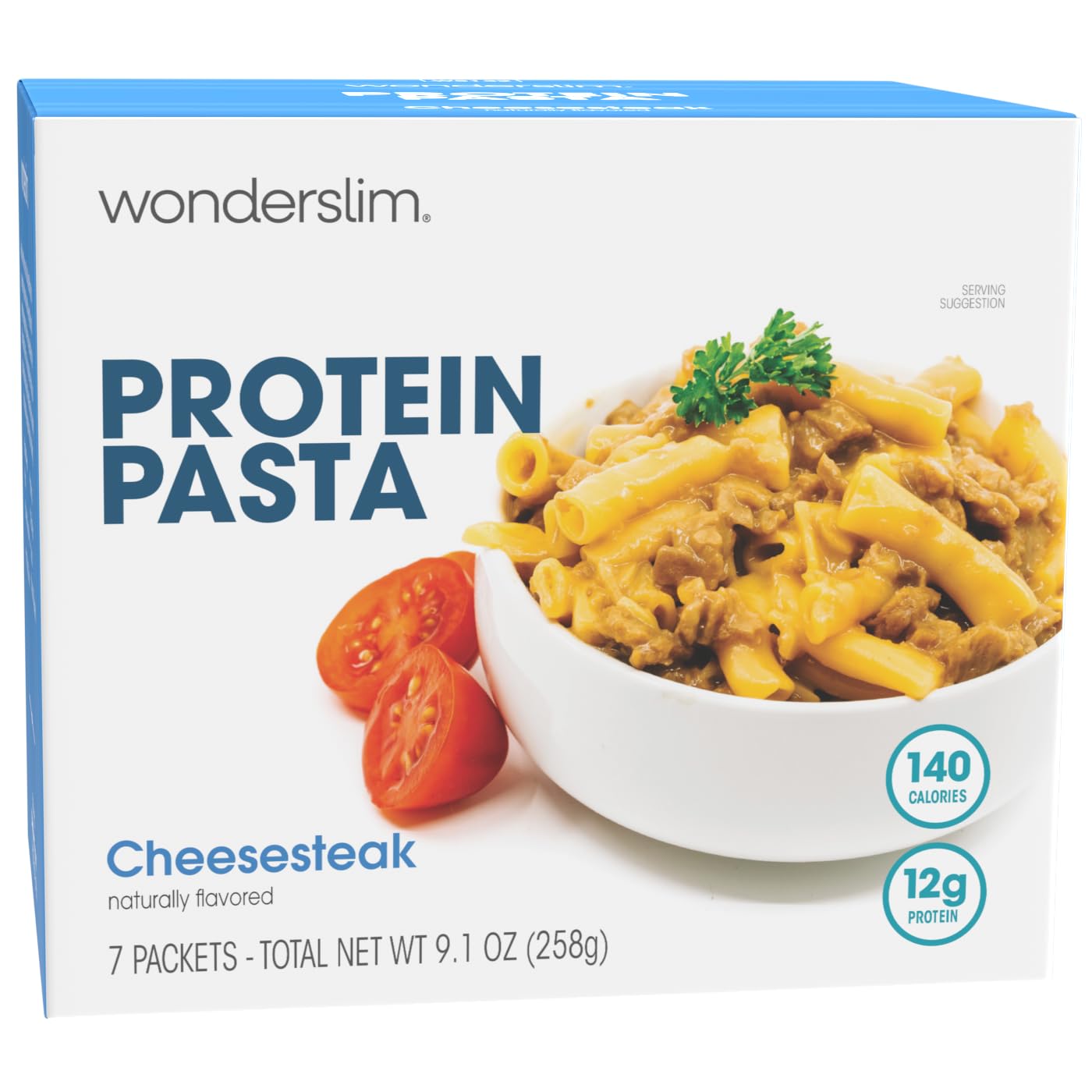 WonderSlim Protein Pasta - Cheese Steak Macaroni, Low Calorie High Protein Pasta (140 Calories, 12g Protein, 7 Pack) | Perfect for Weight Loss, Keto Diet & Healthy Meal Prep