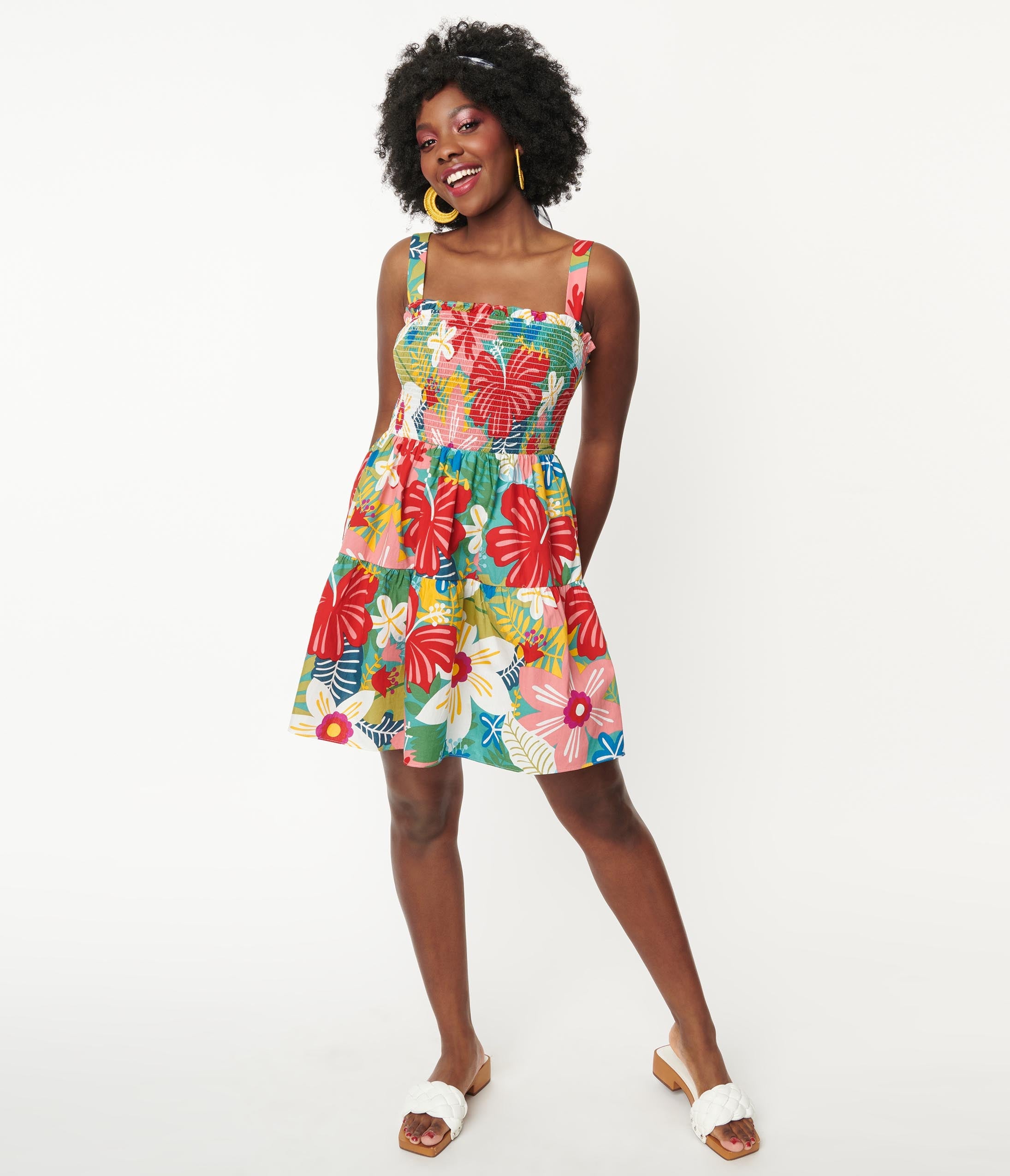 Vibrant Tropical Floral Print Smocked Waist Flare Dress for Women - Perfect for Beach Vacations, Summer Parties & Boho Fashion