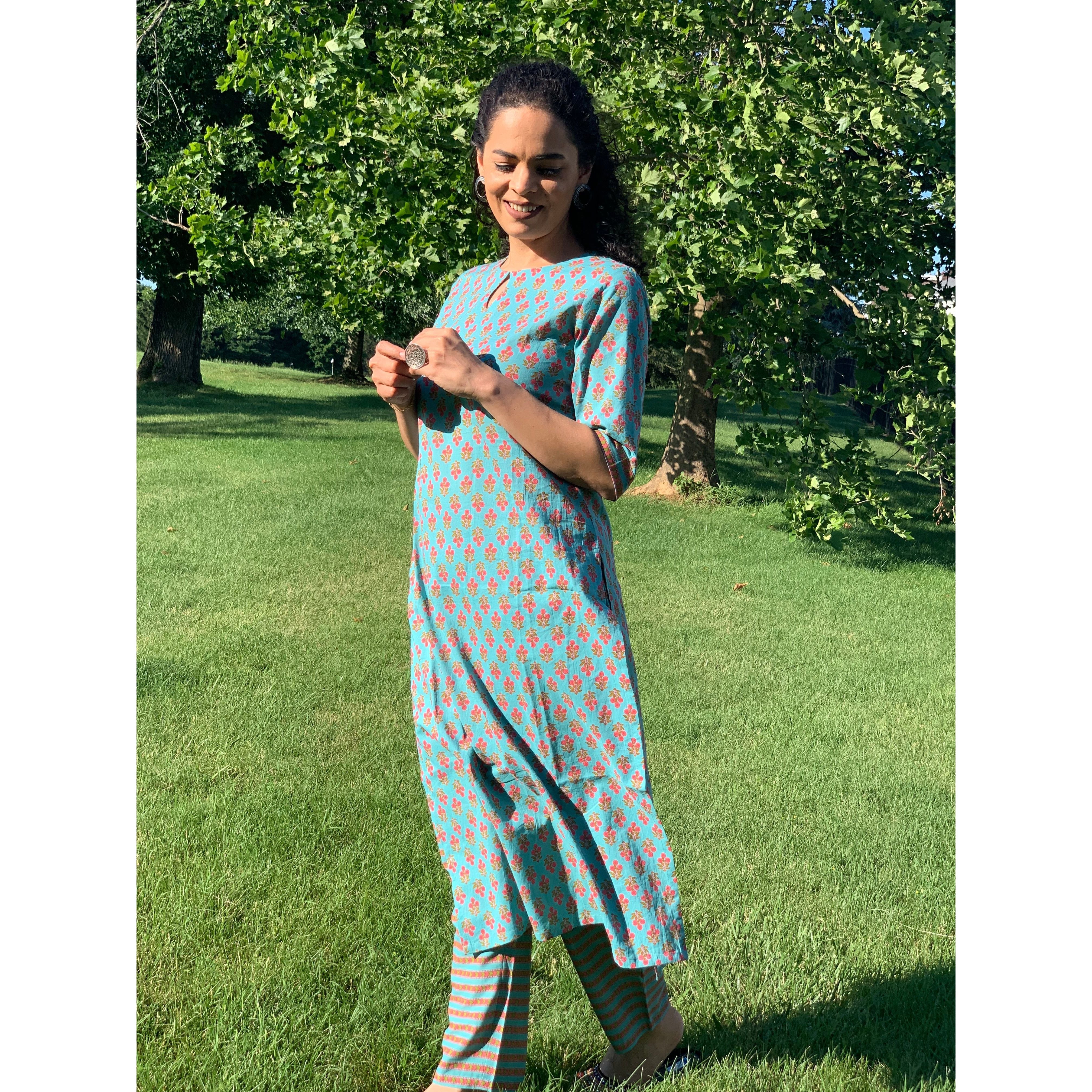 Bottle Green Cotton Kurta Set with Pink Floral Print & Matching Trousers | Traditional Indian Ethnic Wear for Women | Perfect for Festivals, Weddings & Casual Outings
