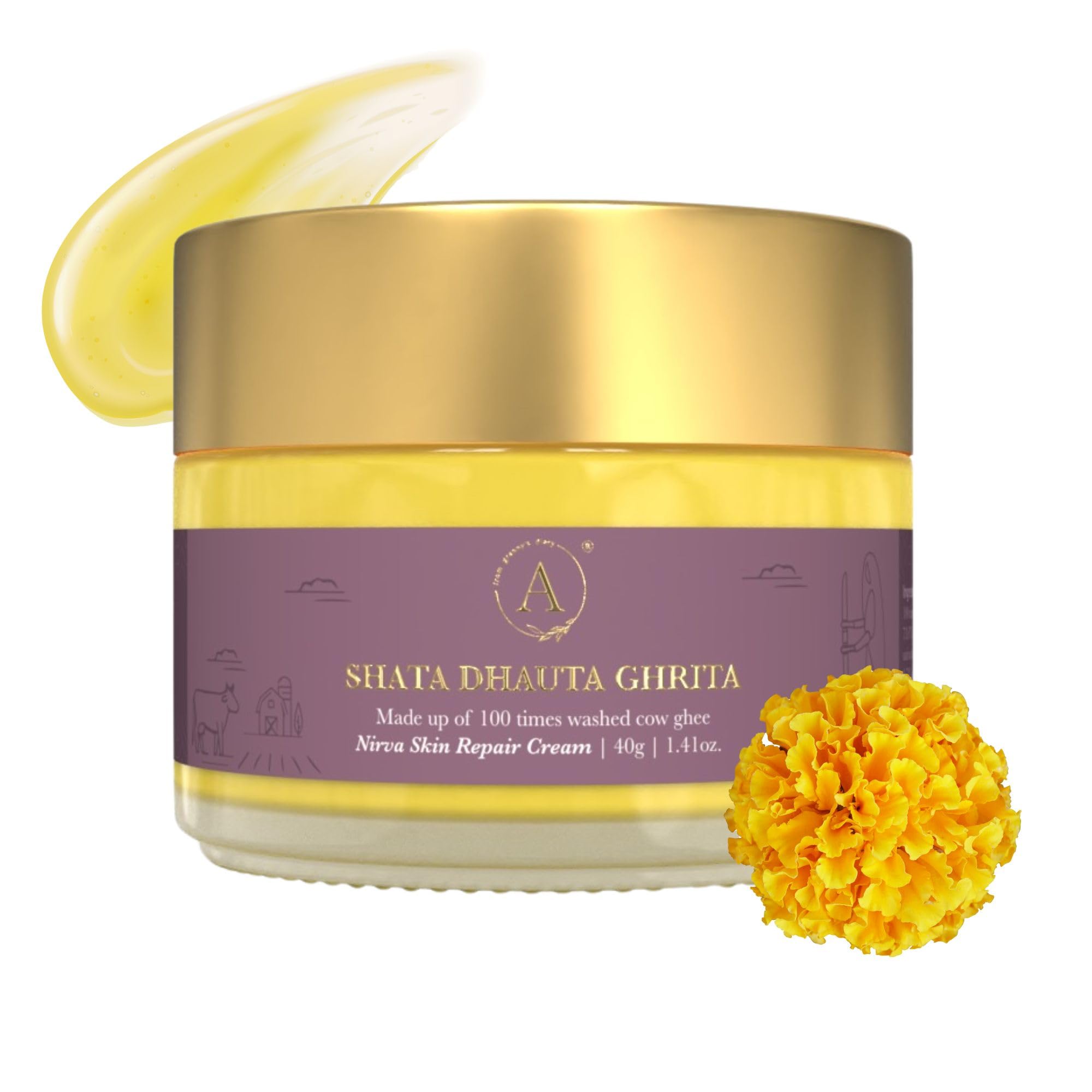 ADHYAY Shata Dhauta Ghrita Skin Renewal Cream - Ayurvedic Anti-Aging Face Moisturizer with 100x Washed Cow Ghee & Marigold Extracts | Wrinkle Repair, Deep Hydration & Skin Nourishment | 40g | Perfect for Daily Skincare Routine & Nighttime Rejuvenation