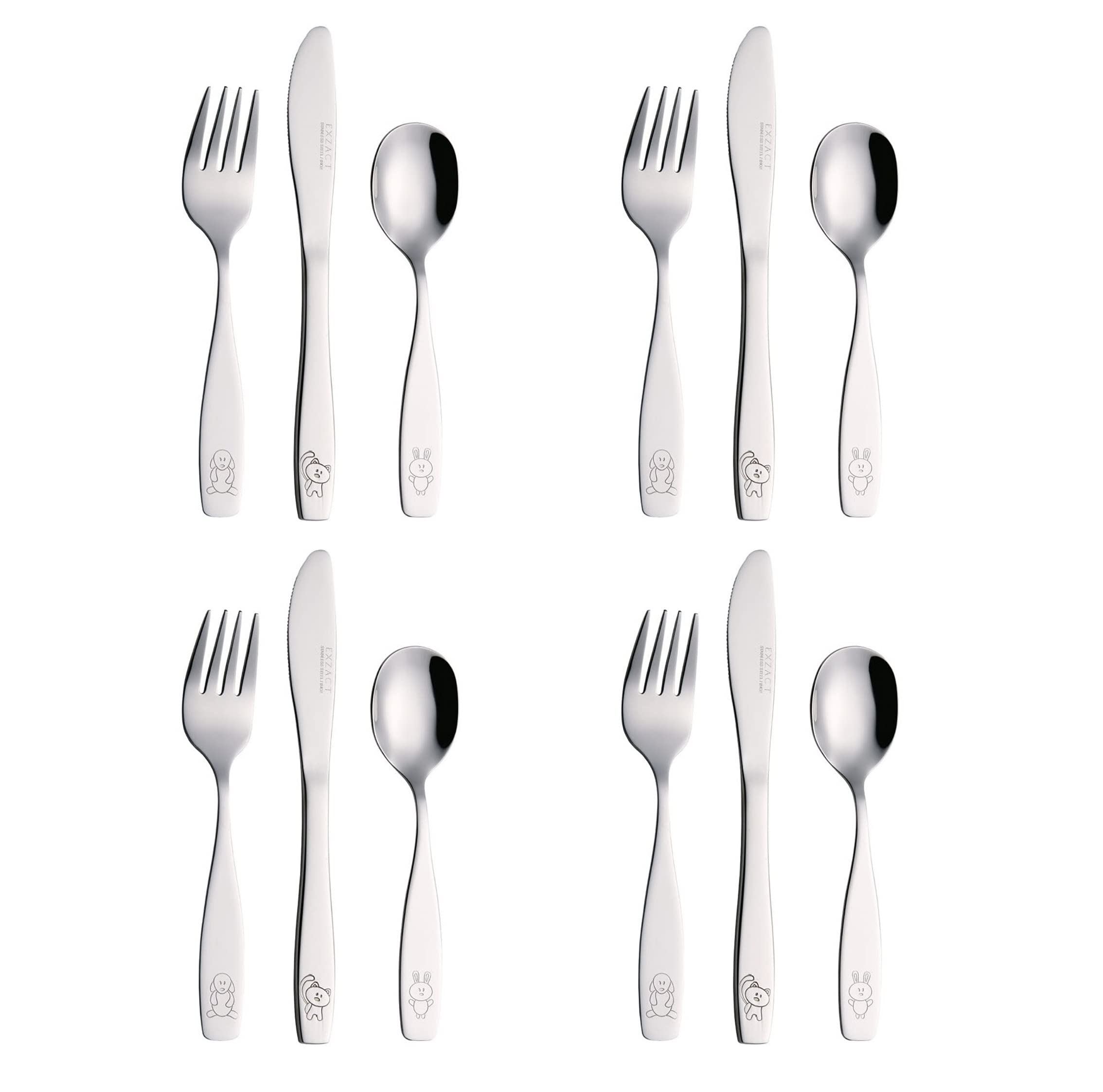 Exzact 12-Piece Kids Cutlery Set - Stainless Steel Forks, Safe Dinner Knives & Spoons for Children with Engraved Animal Designs (Dog, Cat, Bunny) - Perfect for School Lunches, Picnics & Family Dinners