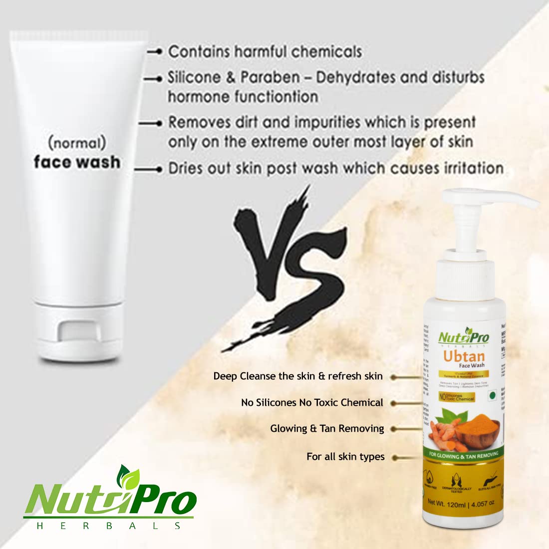 NutriPro Ubtan Turmeric Face Wash - Natural Glow & Tan Removal Cleanser | Silicone & Paraben Free 240ml (2 Pack) | Brightening Skincare for Daily Use & Post-Sun Care