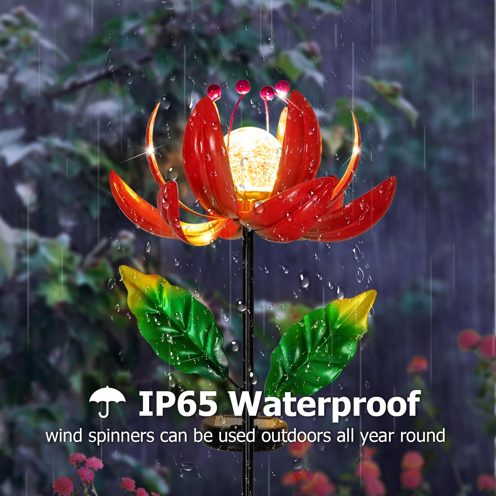Solar Powered Outdoor Wind Spinner - Metal Lotus Flower Garden Decor with Waterproof LED Crackle Glass Globe for Patio, Lawn & Yard | Perfect for Backyard, Pathway & Landscape Lighting at Night