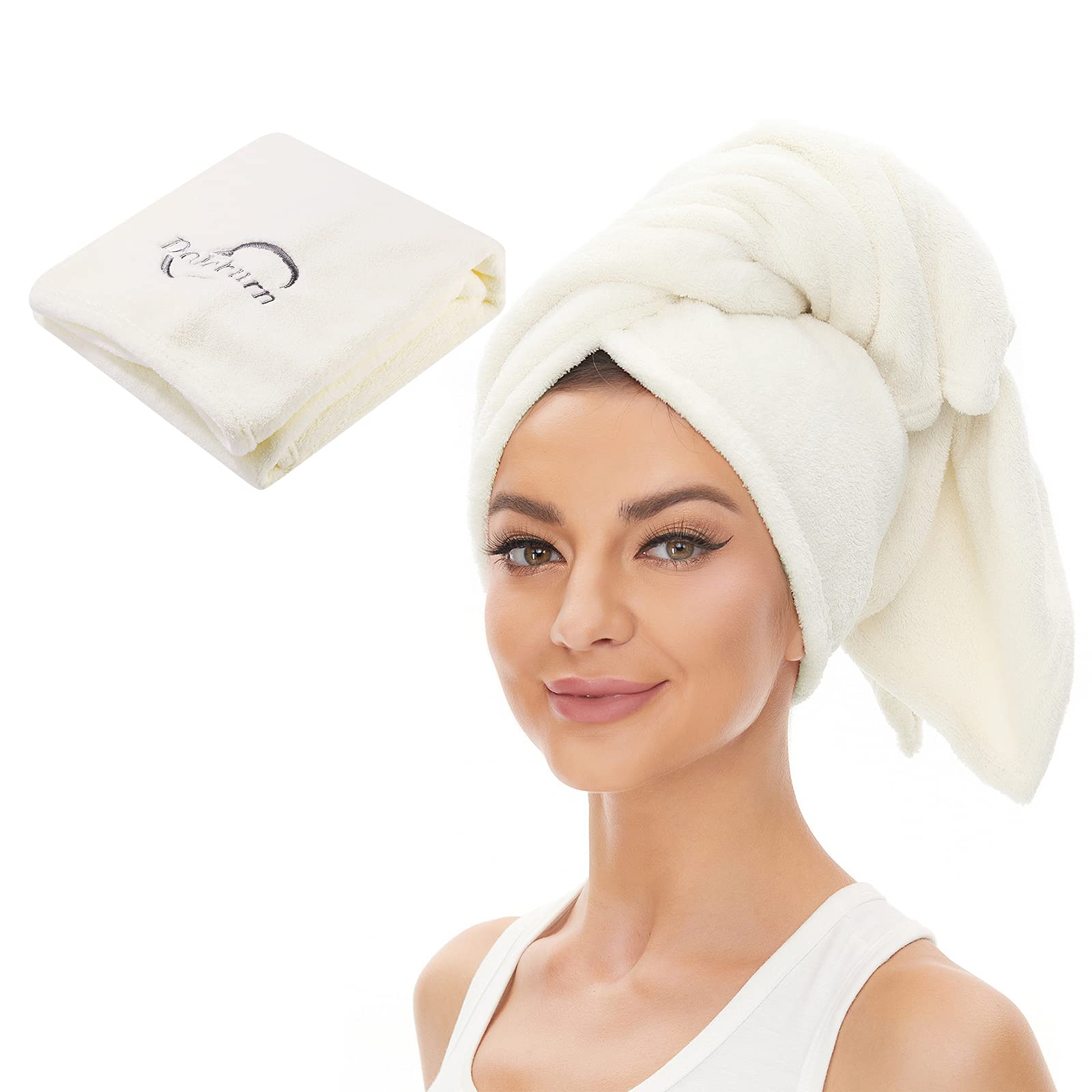 Doloburn Microfiber Hair Towel 19x39 Inch - Super Absorbent Quick Dry Hair Towel for Women with Long Thick & Curly Hair - Anti Frizz Hair Dry Towel in Rice White - Perfect for Salon, Travel & Home Use