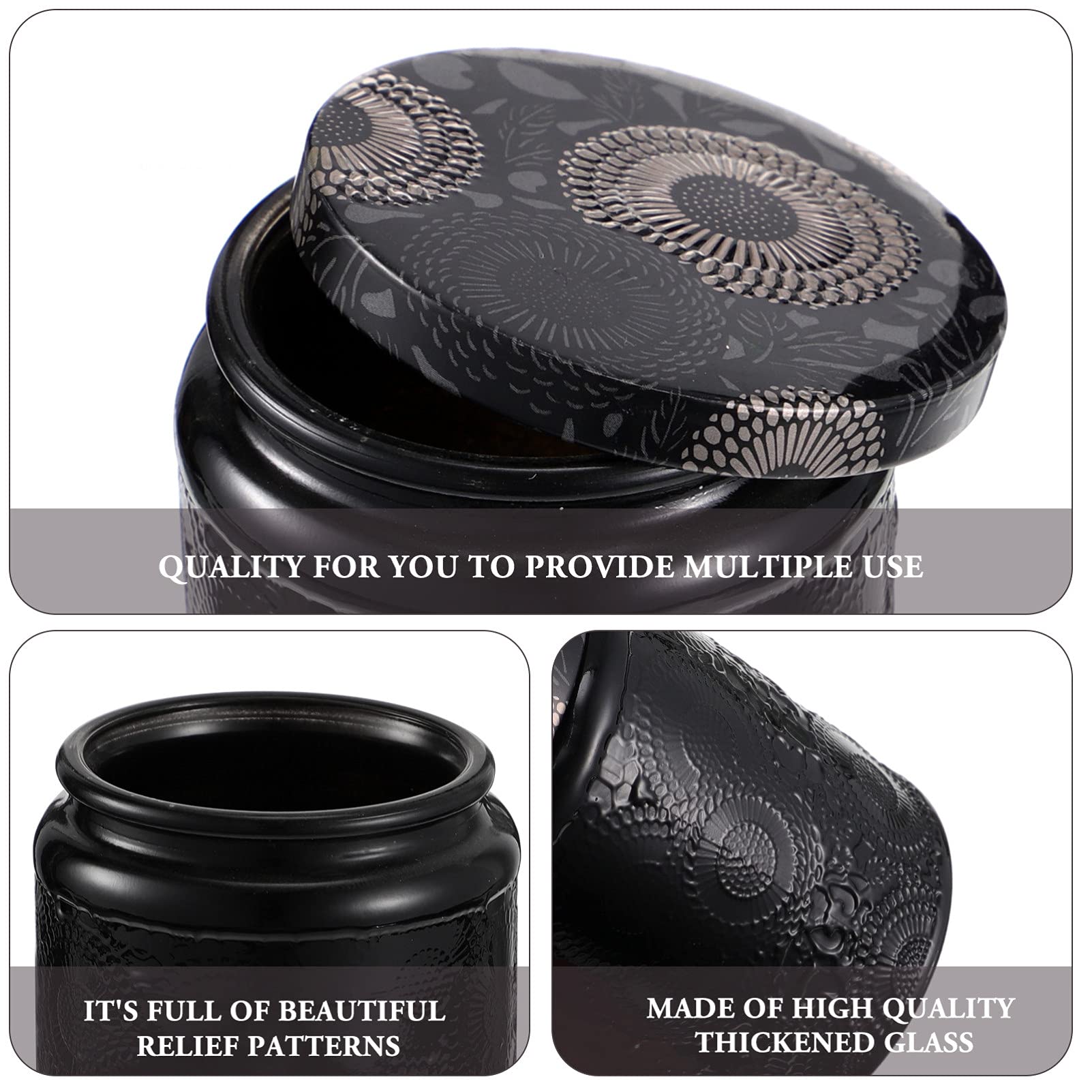 EXCEART 6-Piece Glass Candle Jars with Lids - Embossed Round Canning Storage Containers for Candle Making, Jam, Lotion & Party Favors - Retro Black Decor for Home, Kitchen & DIY Crafts