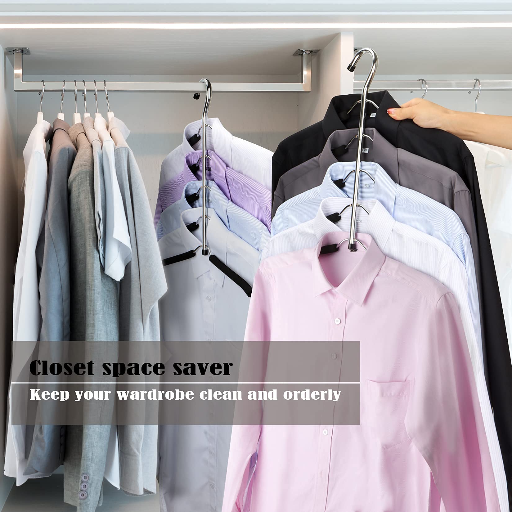 Space Saving Clothes Hangers 4-Pack - Heavy Duty Stainless Steel 5-Layer Non-Slip Padded Coat & Sweater Hangers with Swing Arms - Perfect for Closet Organization & Small Space Storage (Ideal for Apartments, Dorms & Travel)