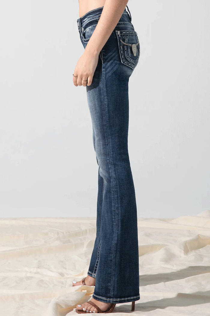 Miss Me M3914B Women's All Night Longhorn Bootcut Jeans - Dark Blue Denim for Casual Wear & Western Style Outfits