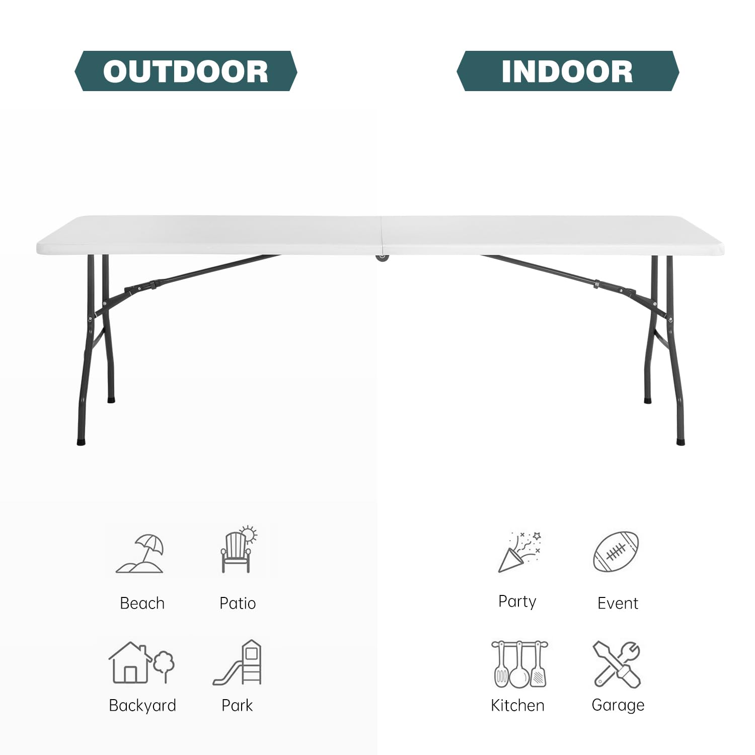 8 Foot Foldable Outdoor Dining Table - Portable Rectangular Plastic Folding Table with Built-in Handle for Parties, Weddings, Picnics & Backyard Gatherings - White