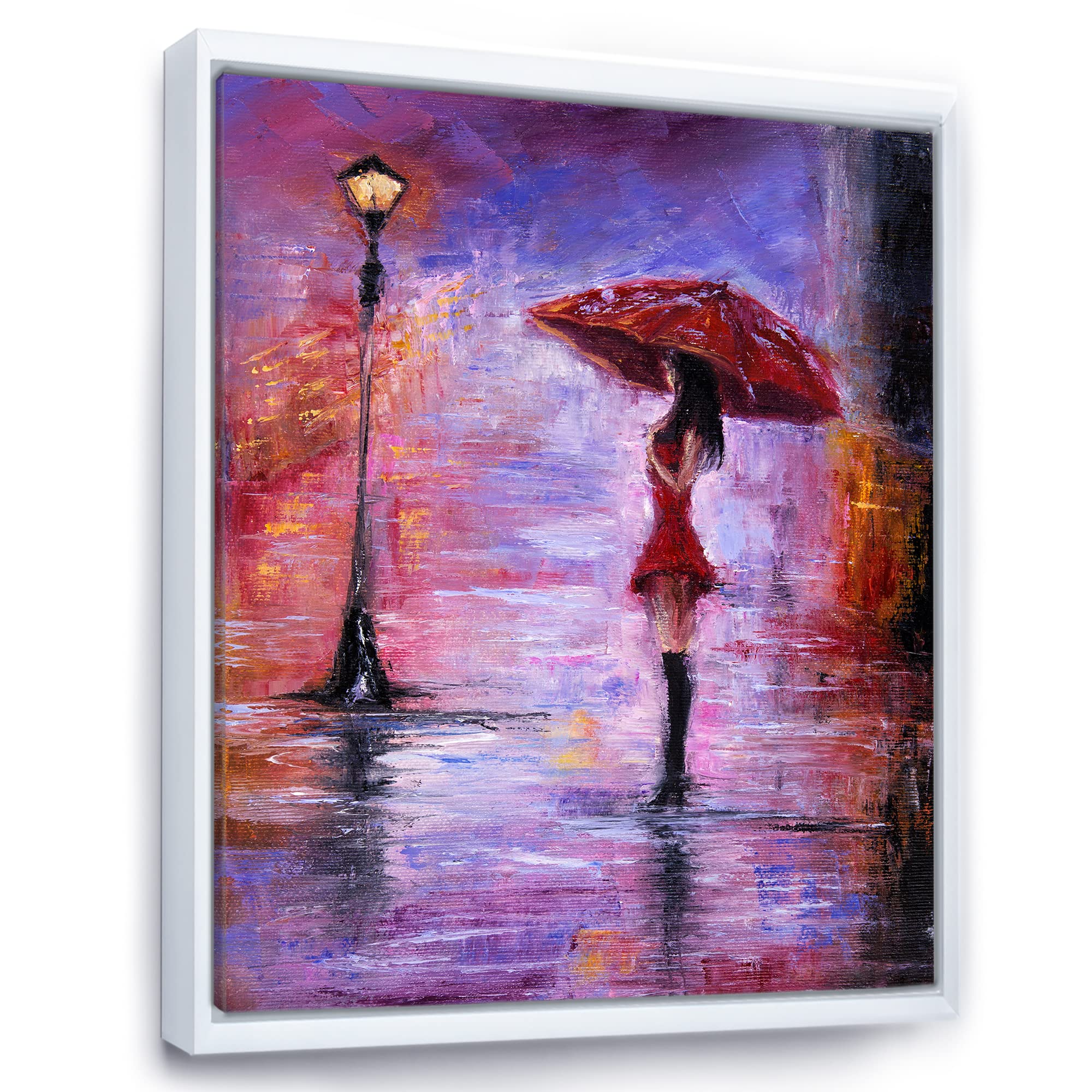 French Country Framed Canvas Wall Art Print - Woman with Umbrella Walking in Rain - Perfect for Living Room, Bedroom & Office Decor