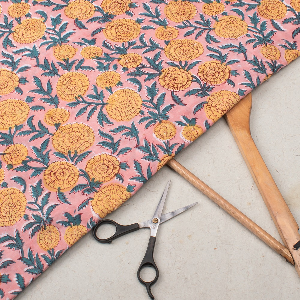 Hand Block Printed Cotton Fabric - Pale Chestnut with Floral Pattern for DIY Crafts, Quilting, and Home Decor Projects
