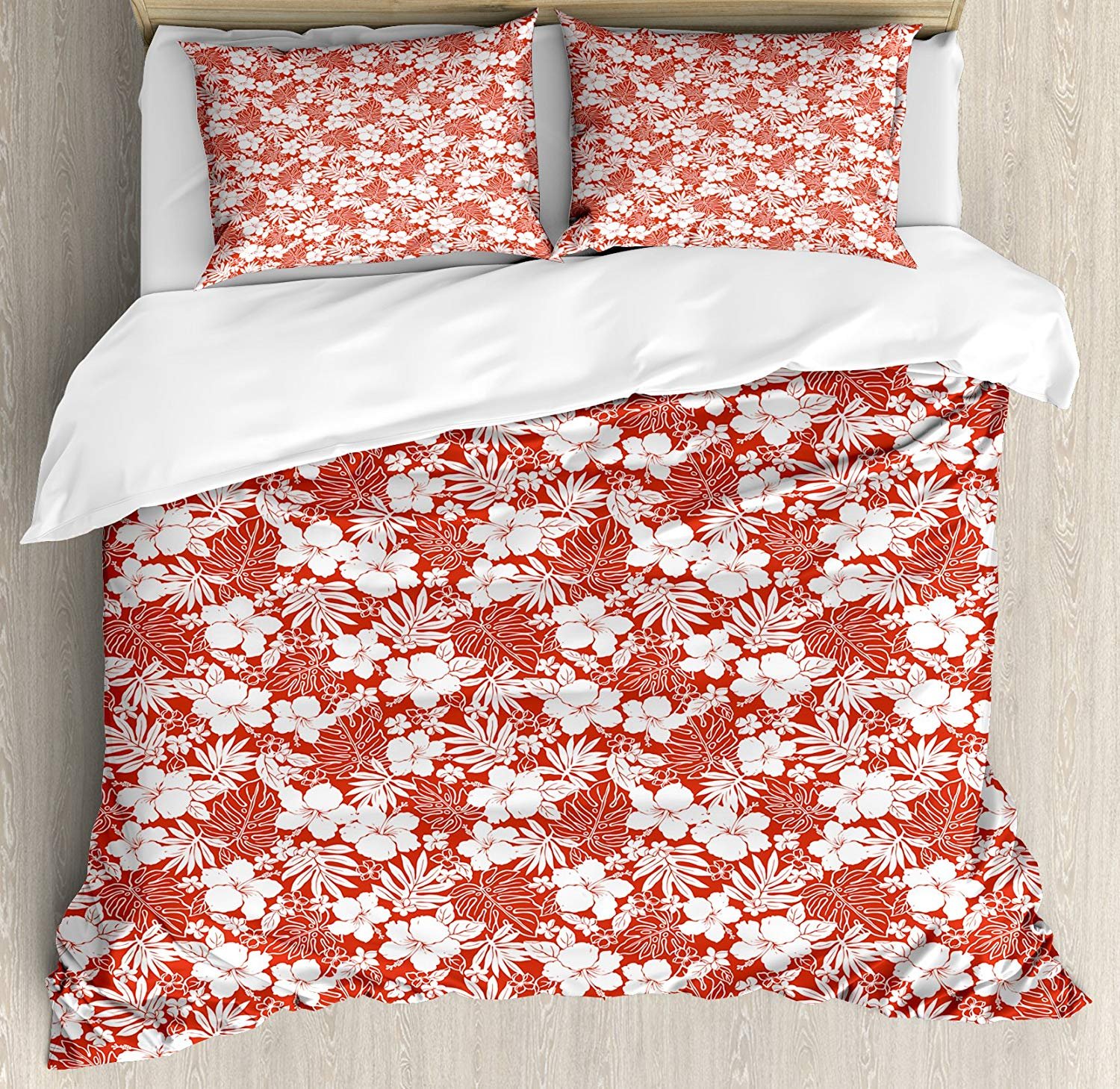 Premium 4-Piece Full Size Hawaiian Hibiscus Duvet Cover Set - Exotic Floral Wildflower Print Bedding (1 Duvet Cover + 1 Flat Sheet + 2 Pillowcases) | Tropical Luau Theme for Bedroom Decor, Summer Vacation Home, Beach House & Guest Room