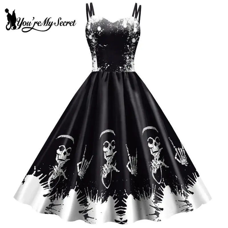Gothic Skeleton Halloween Dress for Women - Elegant Black Rockabilly Costume for Halloween Parties, Carnival, Cosplay & Horror Themed Events