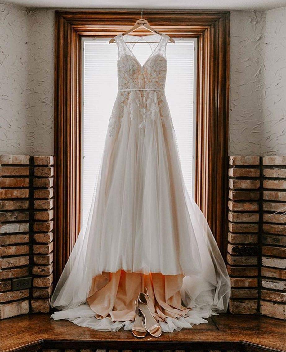 Ruolai Women's V-Neck Wedding Dress with Sequins & Keyhole Back - Boho Beach Bridal Gown for Outdoor Ceremonies & Destination Weddings