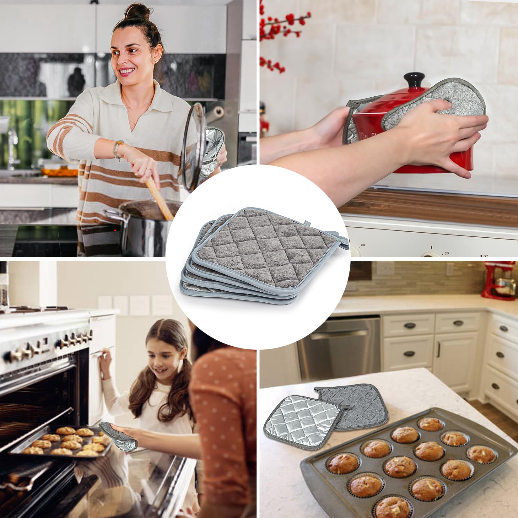 MAQIHAN 4-Pack Cotton Pot Holders Set - Heat Resistant Kitchen Pads for Cooking, Baking & Serving (7 Inch, Gray Terry Cloth) - Essential Kitchen Accessories & Decor for Oven, Stovetop & Dining Use