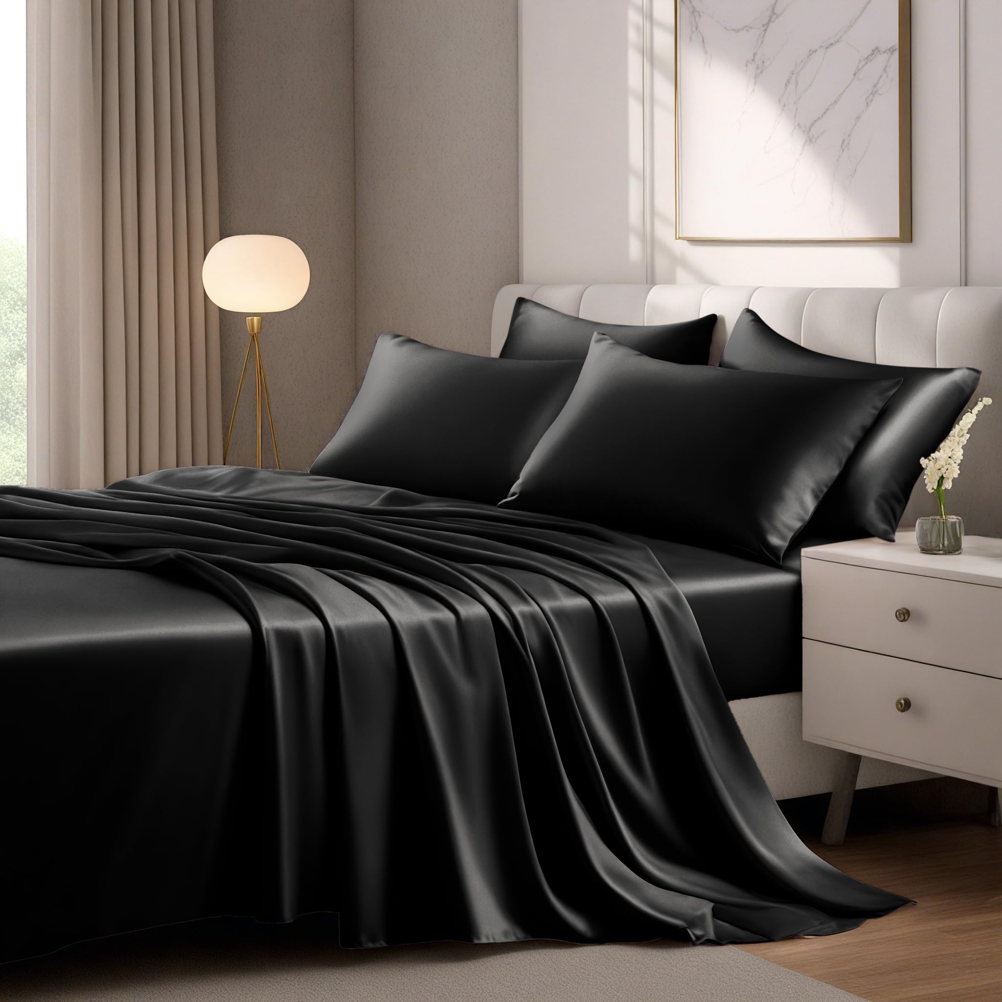 LuxClub 4-Piece Satin Sheet Set - Twin Size, Soft & Silky Luxury Bedding, Silk-Like Satin Sheets for Hair & Skin Care, Breathable & Hypoallergenic - Perfect for Bedroom Decor, Spa Nights & Gift for Women (Black)