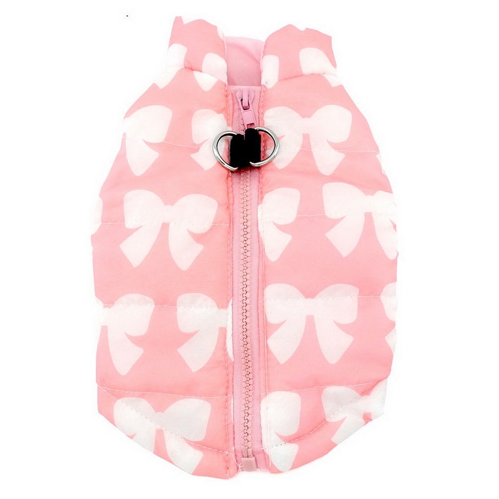 SELMAI Winter Dog Coat with Harness Hole - Pink Bow Print Small Dog Jacket for Cold Weather, Walking & Outdoor Activities