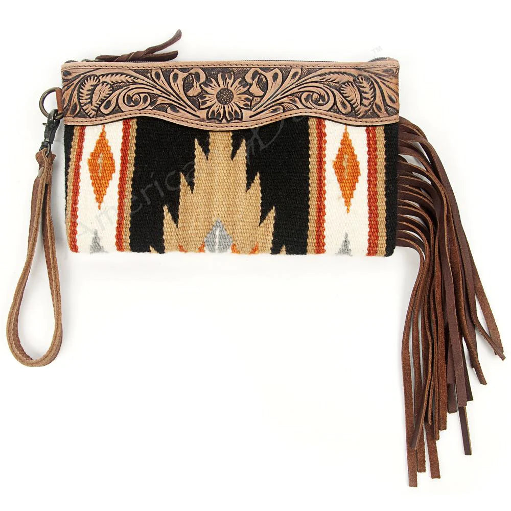 American Darling Black and Tan Tooled Leather Clutch Purse for Women - Elegant Evening Bag for Parties, Weddings & Date Nights