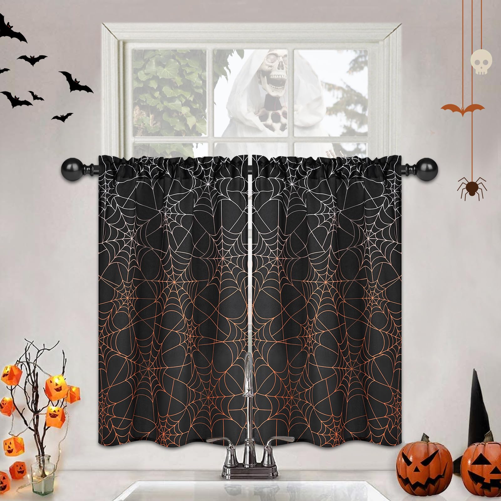 BLEUM CADE Halloween Ombre Kitchen Curtains 36 Inch - Spider Web Design Black & Orange Gradient Thermal Insulated Rod Pocket Window Curtains for Halloween Party Decor, Kitchen, Living Room & Bedroom