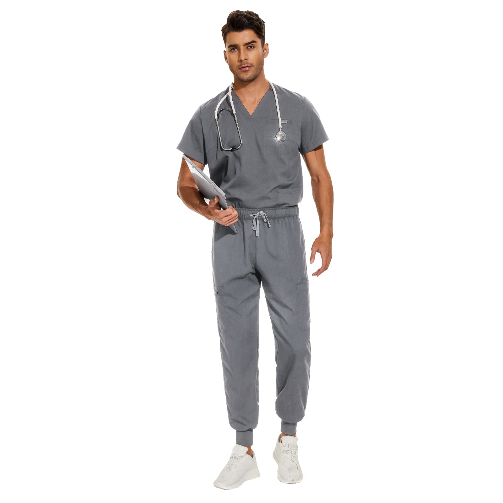 VIAOLI Men's Scrubs Set - V-Neck Top & Jogger Pants with 8 Pockets | Medical Uniforms for Nurses & Healthcare Professionals | Comfortable Workwear for Hospitals & Clinics