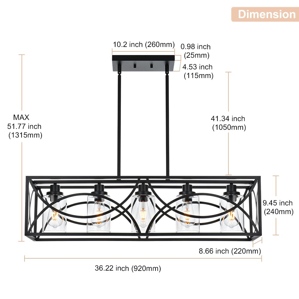 Farmhouse Black Kitchen Island Lighting - 5-Light Rectangular Chandelier with Clear Glass Shades, Linear Pendant Light Fixture for Dining Room, Pool Table, Living Room - Perfect for Rustic Home Decor & Modern Farmhouse Interiors