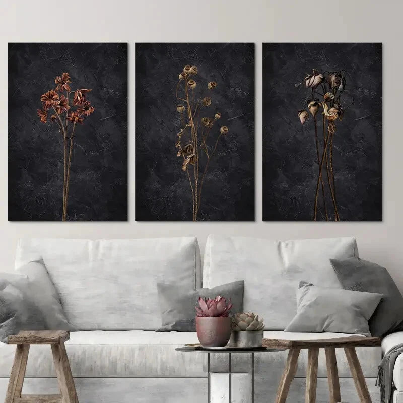 3-Piece Dark Dried Wildflower Floral Botanical Wall Art Set - Framed Canvas Prints 40x60cm (16x24in) - High Quality Australian Made Wall Decor - Perfect for Living Room, Bedroom & Office Decoration