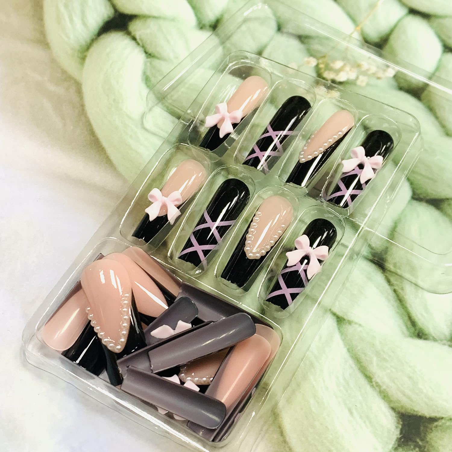 Black Glossy Coffin Press On Nails - Long Acrylic False Nails with Pink Bow Designs & Charm | Full Cover Artificial Nails with Glue | Perfect for Parties, Weddings & Special Occasions